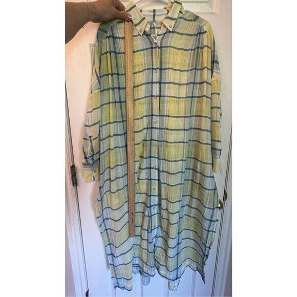 Free People By My Side Button Up Oversized Summer Yellow Plaid Tunic Size XS - Picture 9 of 11